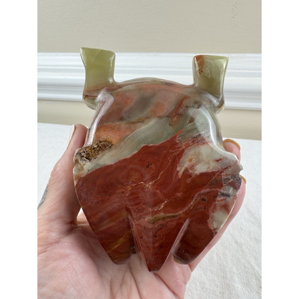 Vintage Hand Carved Banded Onyx Stone Frog Figurine Paperweight 5" Office Decor - Picture 5 of 11